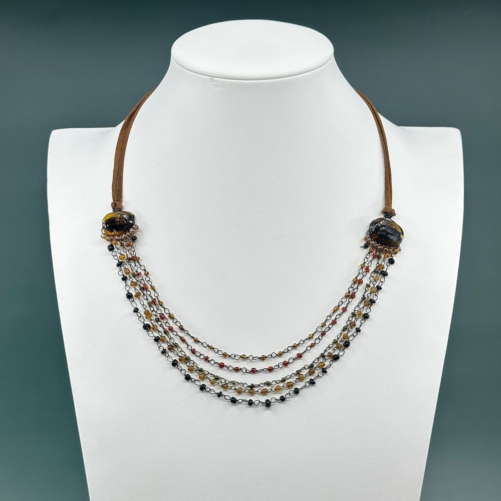 Brown Suede Multi Strand Beaded Necklace Amber Tone Black Glass Statement Style